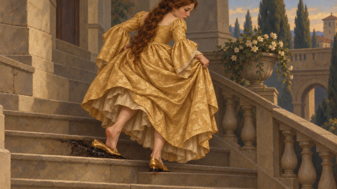Cinderella: A golden shoe catches on the staircase
