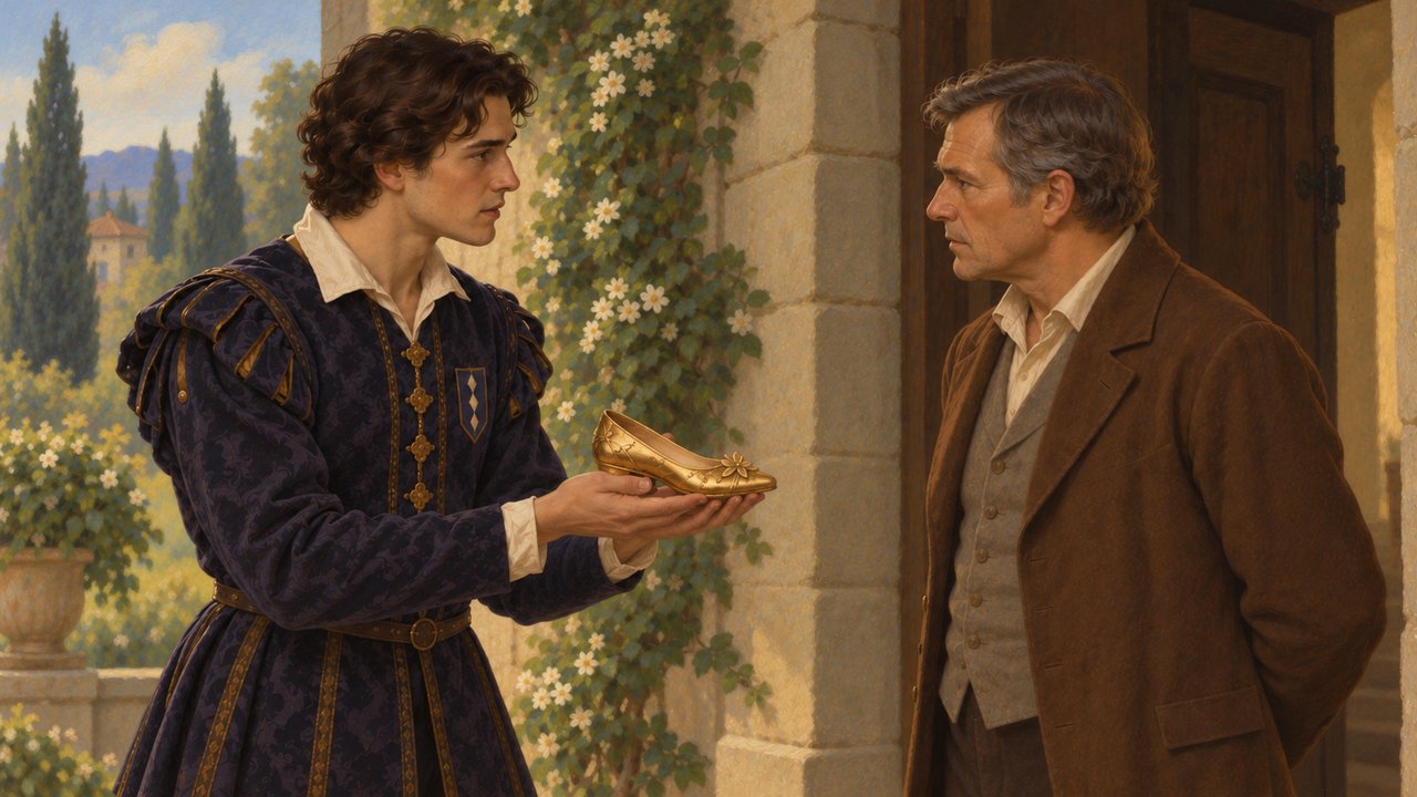 Cinderella: The prince shows her father the shoe