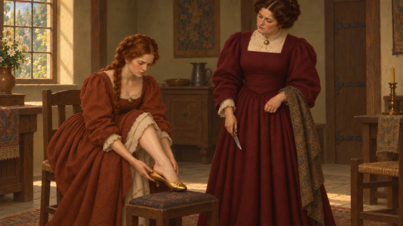 Cinderella: The younger stepsister tries the shoe