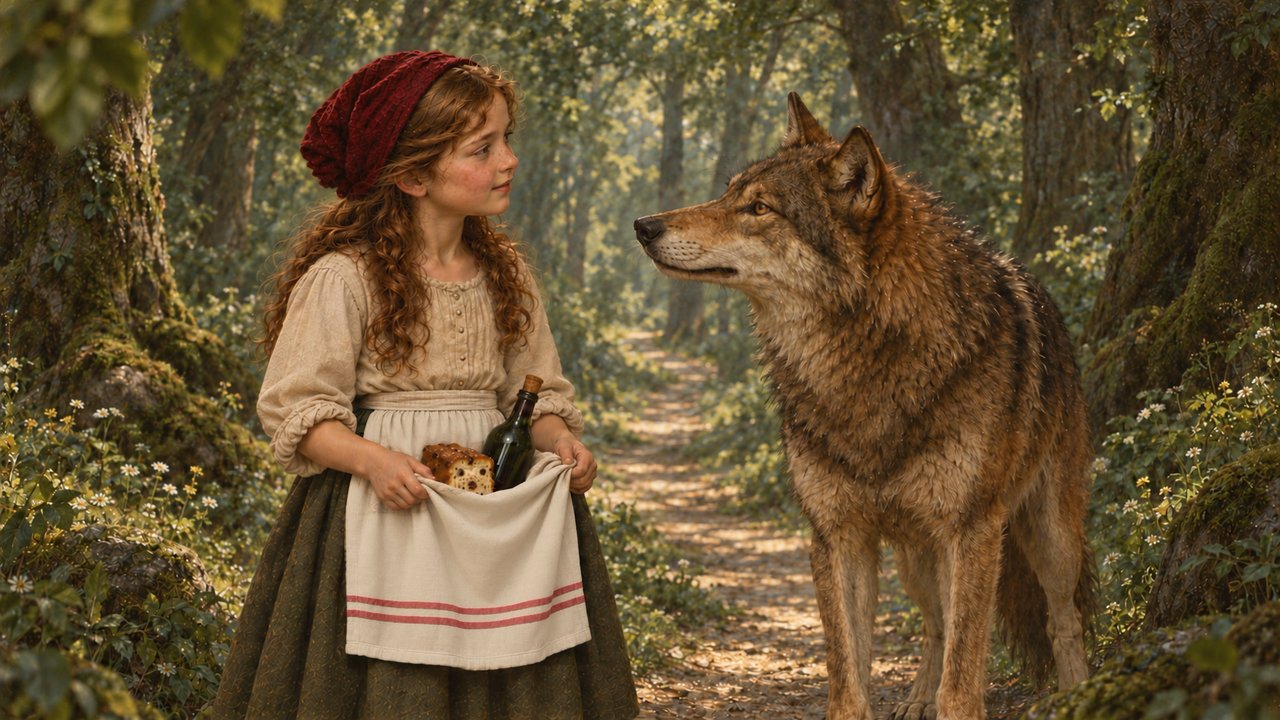 Little Red Cap meets the wolf on a woodland path.