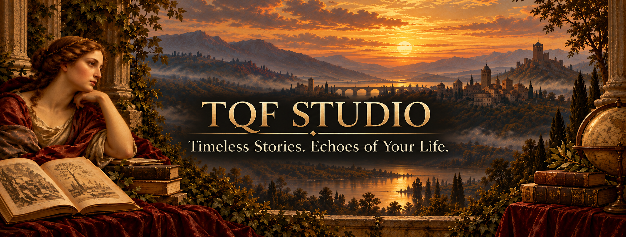 TQF Studio. Timeless Stories. Echoes of Your Life. A Renaissance-inspired painted landscape at sunset, with a reader and open books.
